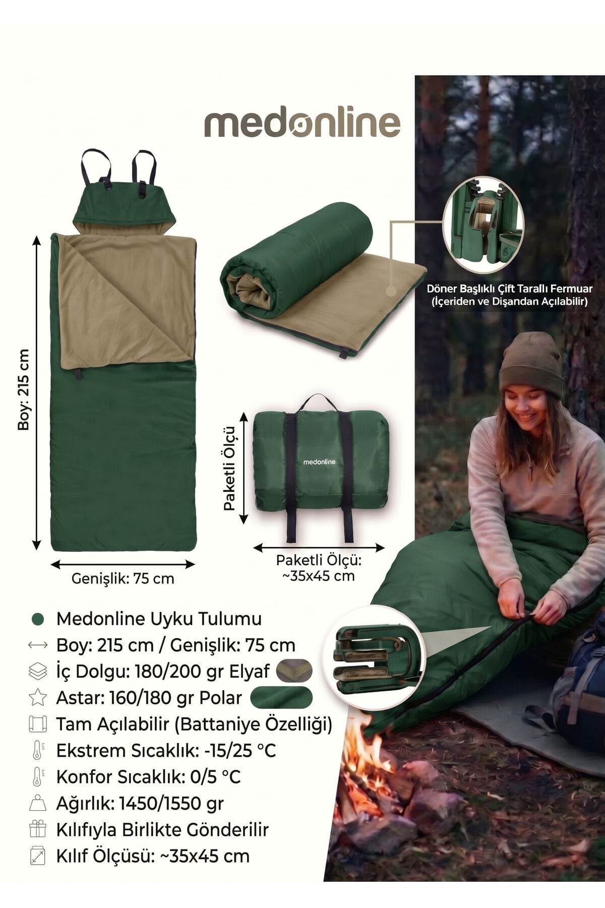 Yeşil Uyku Tulumu(-25 derece) Su Geçirmez(215×75 CM) 220 gr Elyaf/180 gr Polar Kamp&deprem