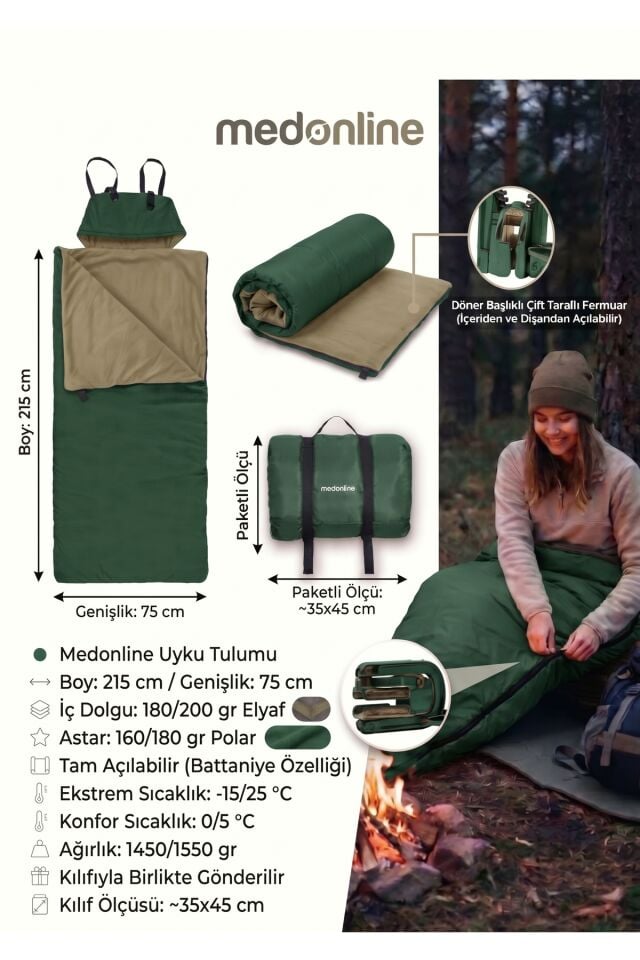 Yeşil Uyku Tulumu(-25 derece) Su Geçirmez(215×75 CM) 220 gr Elyaf/180 gr Polar Kamp&deprem