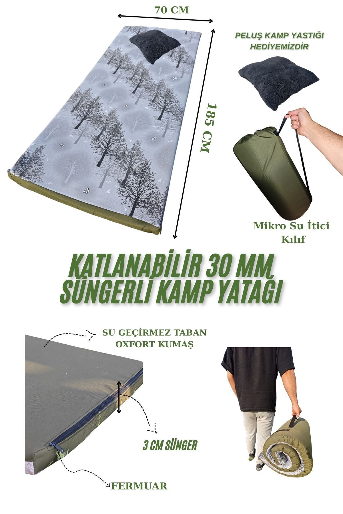 Katlanabilir Ekonomik Kamp Yatağı 30 mm Sünger Minder Taşınabilir Kılıf Çadır Mat 185x70x3 cm