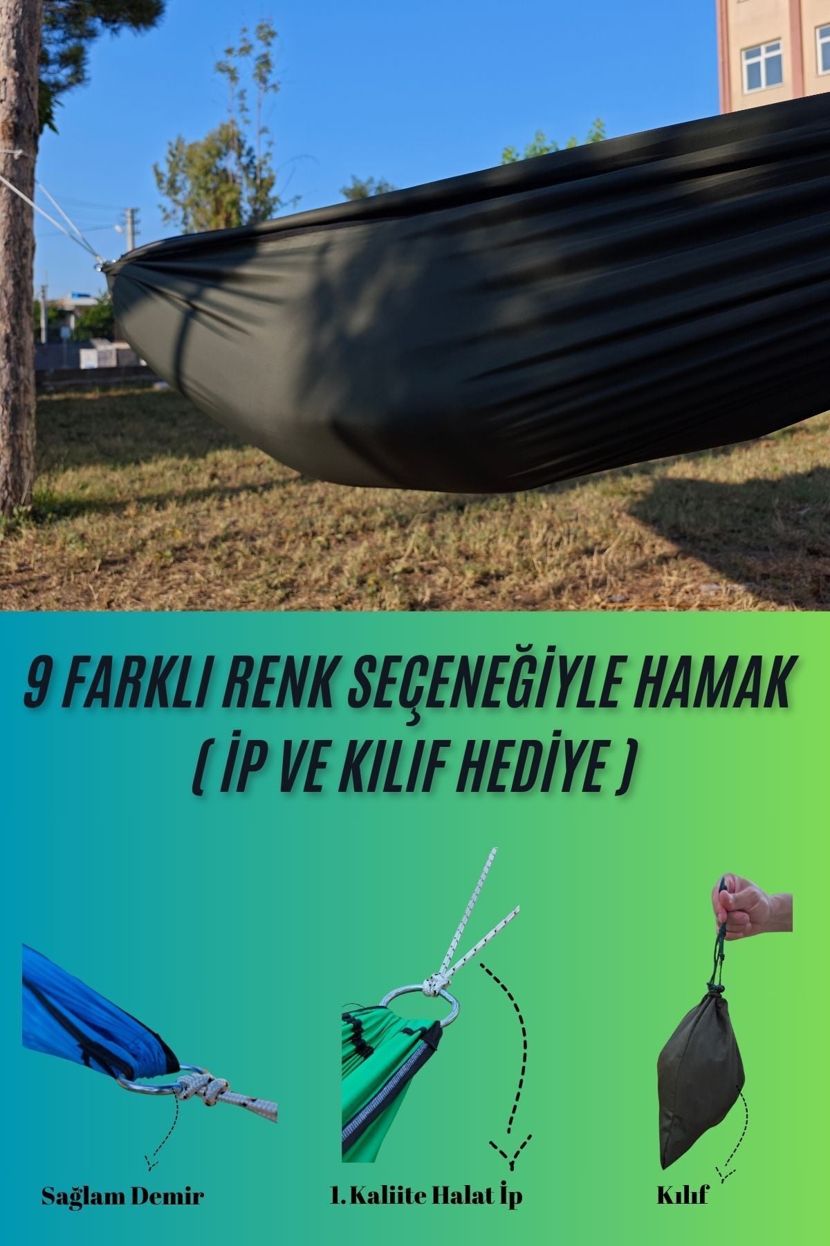 Kamp Piknik Hamağı Outdoor Su İtici Kumaş Katlanabilir Taşınabilir Kılıflı Bahçe Balkon Salıncak - Haki