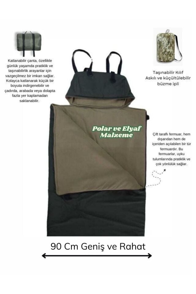 Geniş 90 Cm Haki Uyku Tulumu(-25 ) Mikro Su Itici (220×90 CM) 200 gr Elyaf/180 gr Polar Kamp&deprem