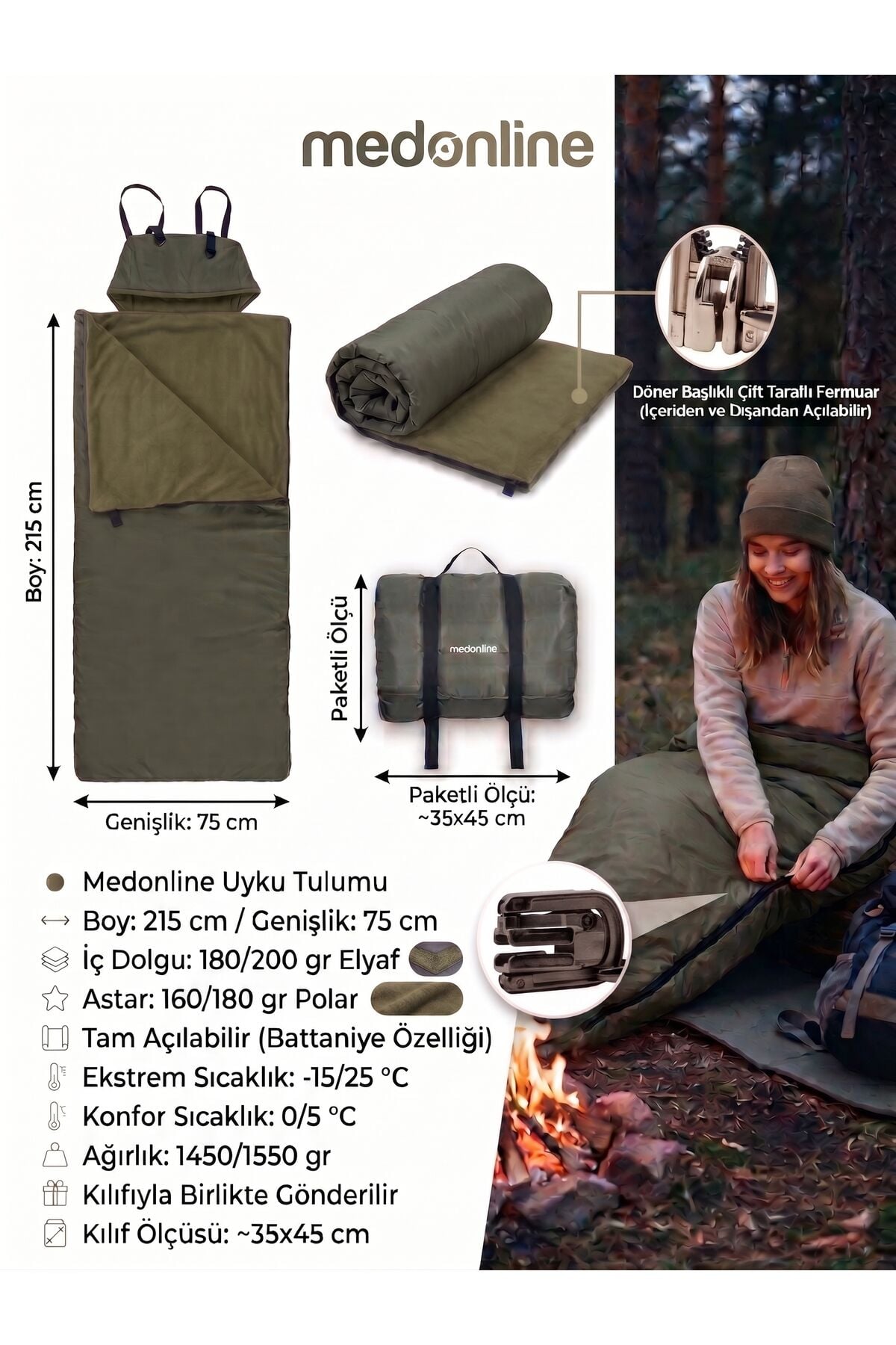 Haki Uyku Tulumu(-25 derece) Su Geçirmez(215×75 CM) 220 gr Elyaf/180 gr Polar Kamp&deprem