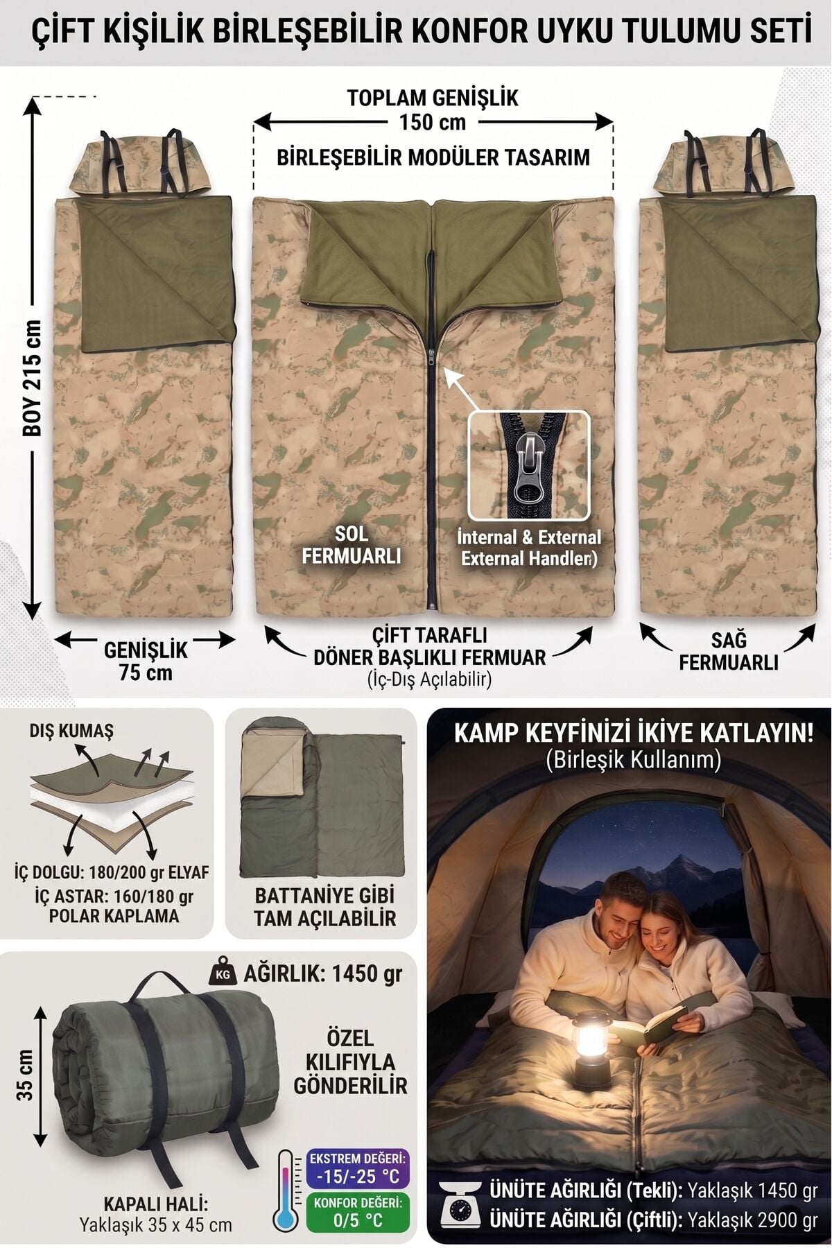 Çift Kişilik 2'li Birleşip Ayrılabilir Kamuflaj Uyku Tulumu(-25 °C) Kamp/deprem/outdoor (2.15×1.50)
