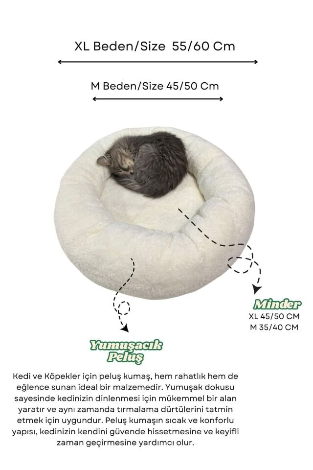 Peluş Kedi ve Köpek Yatağı Sıcak ve Yumuşacık Minder Evcil Hayvan - Beyaz M