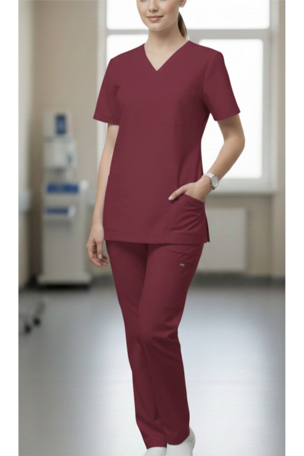 Kadın Likralı Cerrahi Takım Önlük/Üniforma Doktor Hemşire Teknisyen Hastane Memur - Bordo 2XL